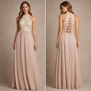 Speechless Maxi Dress Sz 7 Blush Pink Sequined Lace Halter Formal Gown Evening